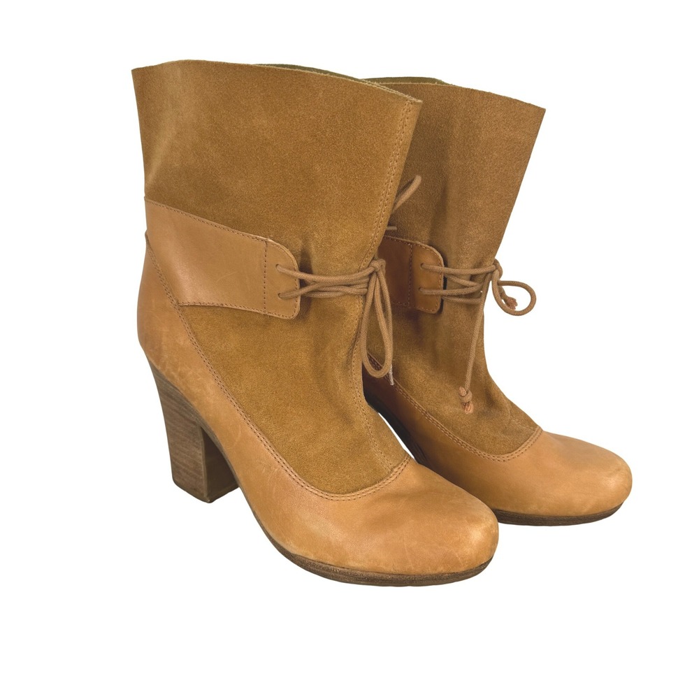 Seychelles Tan Leather Suede Lace Up Block Heel Mid Calf Boots Women 10 Ren Fair